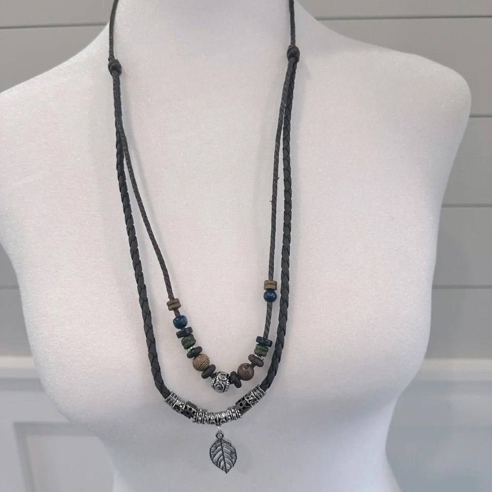 BOHO CHIC Braided Leather Beaded‎ Double Necklace 28”